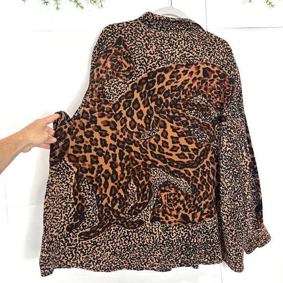 Vintage Leopard Silk Blouse Women 3X Tan Black  Animal Print Button Long Sleeve - Picture 3 of 15